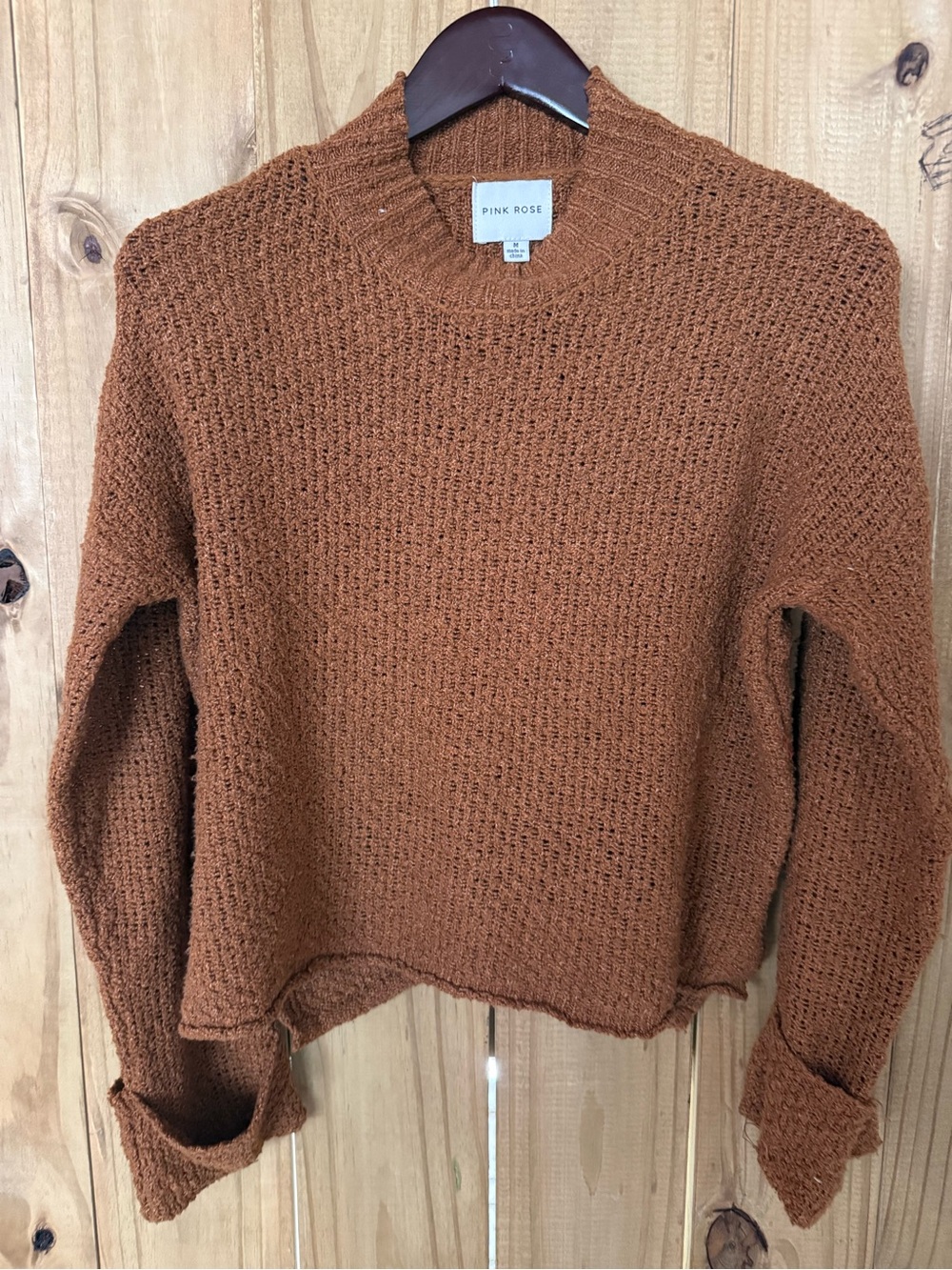 Pink Rose Chunky Crewneck Sweater in Rust Brown